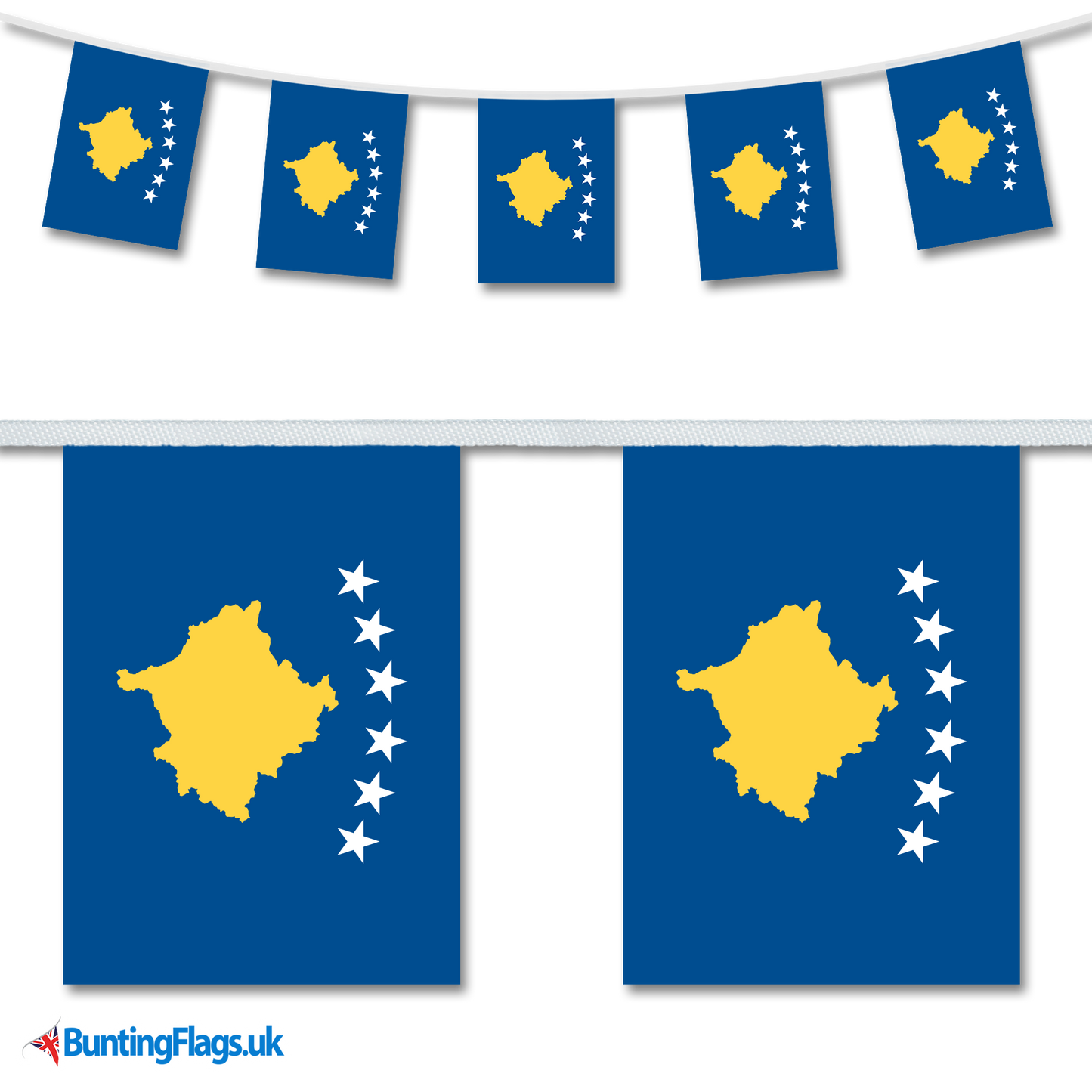 Kosovo country flag bunting image, with the bunting hanging in a length, plus a close-up view showcasing the flag's colourful design.