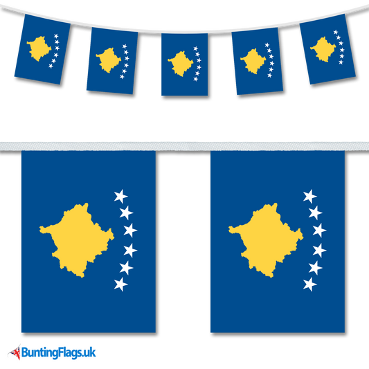 Kosovo country flag bunting image, with the bunting hanging in a length, plus a close-up view showcasing the flag's colourful design.