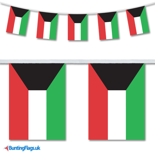 Kuwait country flag bunting image, with the bunting hanging in a length, plus a close-up view showcasing the flag's colourful design.
