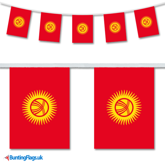 Kyrgyzstan country flag bunting image, with the bunting hanging in a length, plus a close-up view showcasing the flag's colourful design.