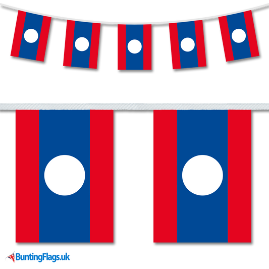 Laos country flag bunting image, with the bunting hanging in a length, plus a close-up view showcasing the flag's colourful design.
