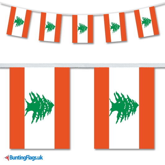Lebanon country flag bunting image, with the bunting hanging in a length, plus a close-up view showcasing the flag's colourful design.