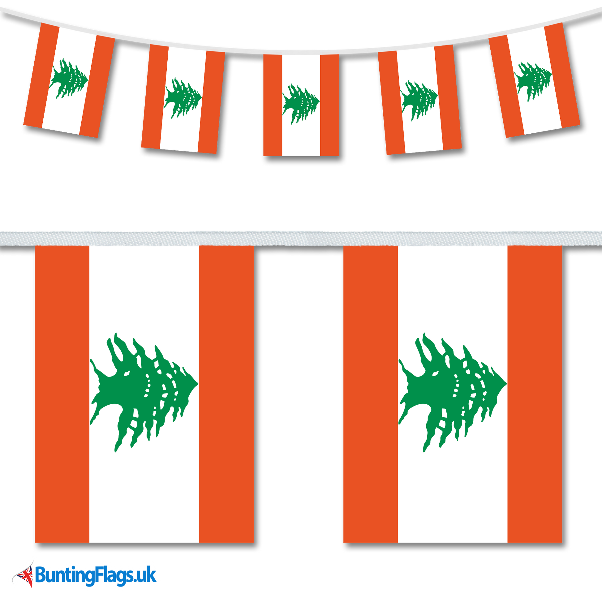 Lebanon country flag bunting image, with the bunting hanging in a length, plus a close-up view showcasing the flag's colourful design.