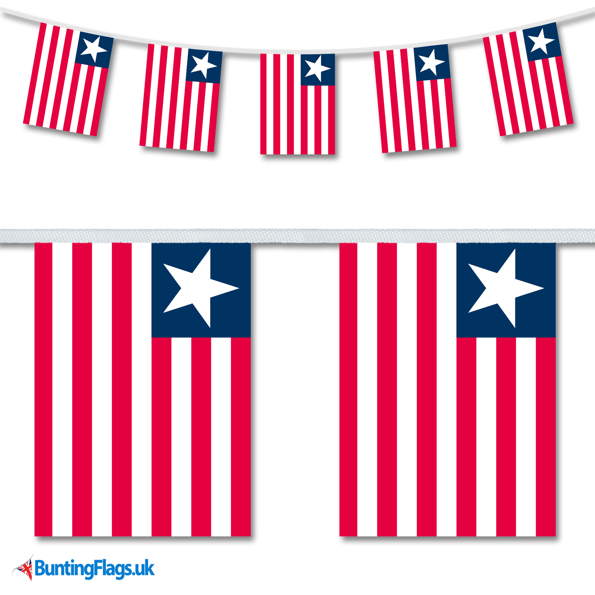 Liberia country flag bunting image, with the bunting hanging in a length, plus a close-up view showcasing the flag's colourful design.