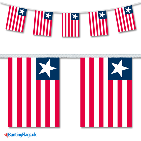 Liberia country flag bunting image, with the bunting hanging in a length, plus a close-up view showcasing the flag's colourful design.