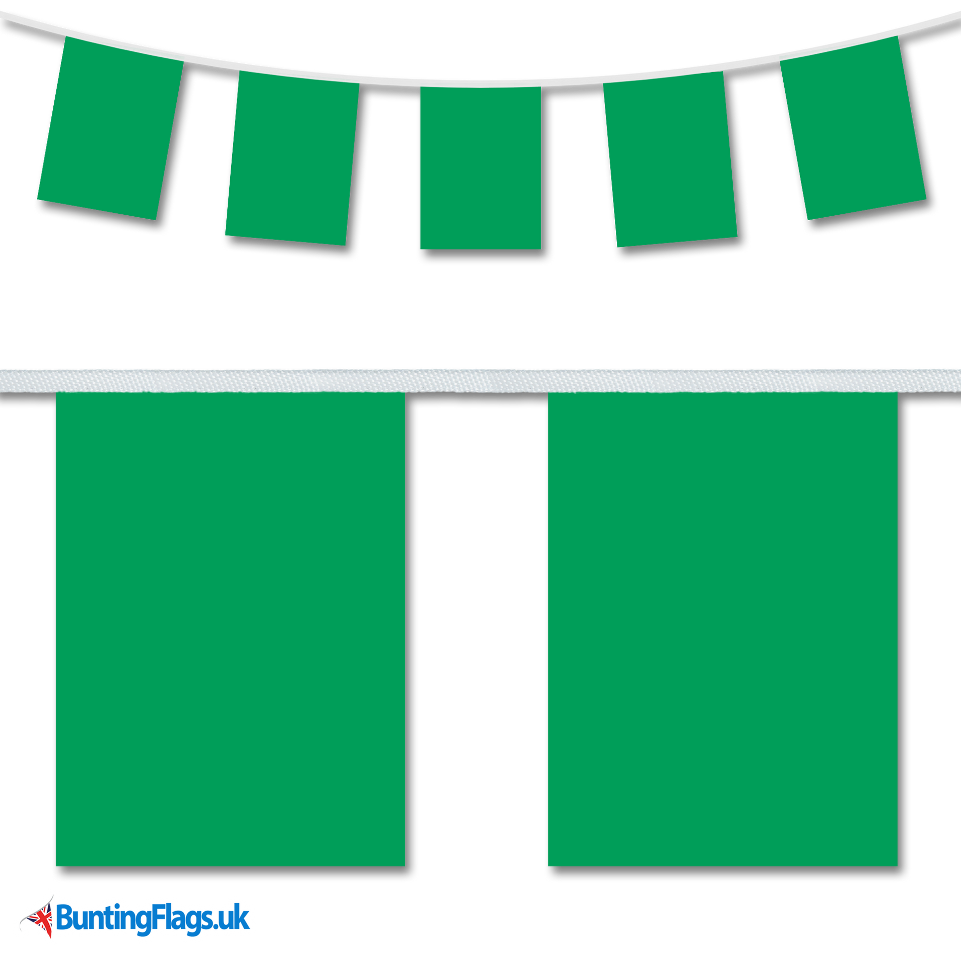 Libya country flag bunting image, with the bunting hanging in a length, plus a close-up view showcasing the flag's colourful design.