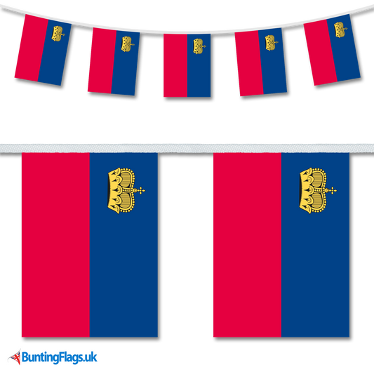 Liechtenstein country flag bunting image, with the bunting hanging in a length, plus a close-up view showcasing the flag's colourful design.