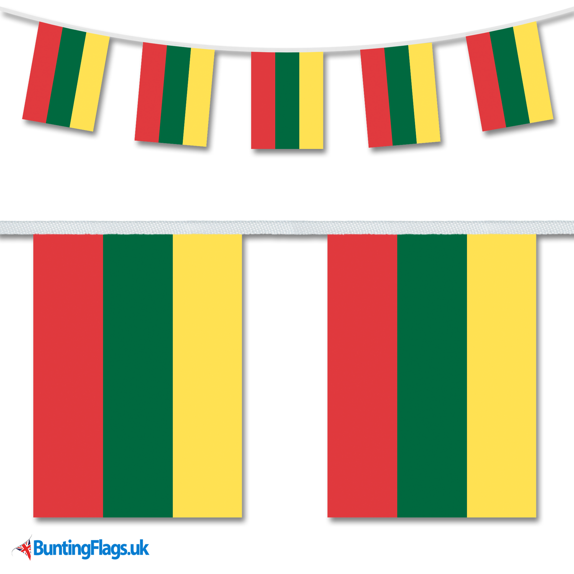 Lithuania country flag bunting image, with the bunting hanging in a length, plus a close-up view showcasing the flag's colourful design.