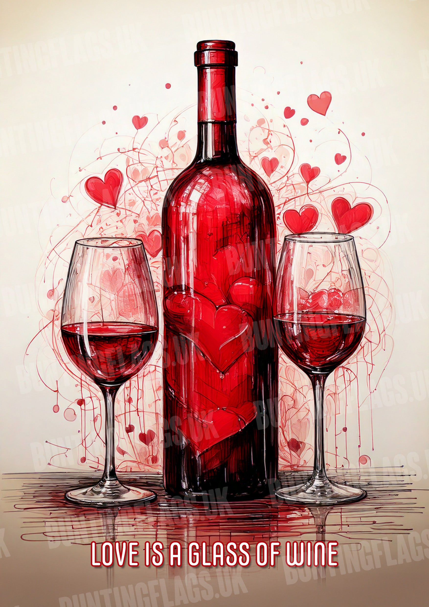 Red wine bottle and glasses with heart designs and 'Love is a Glass of Wine' text on a light background.