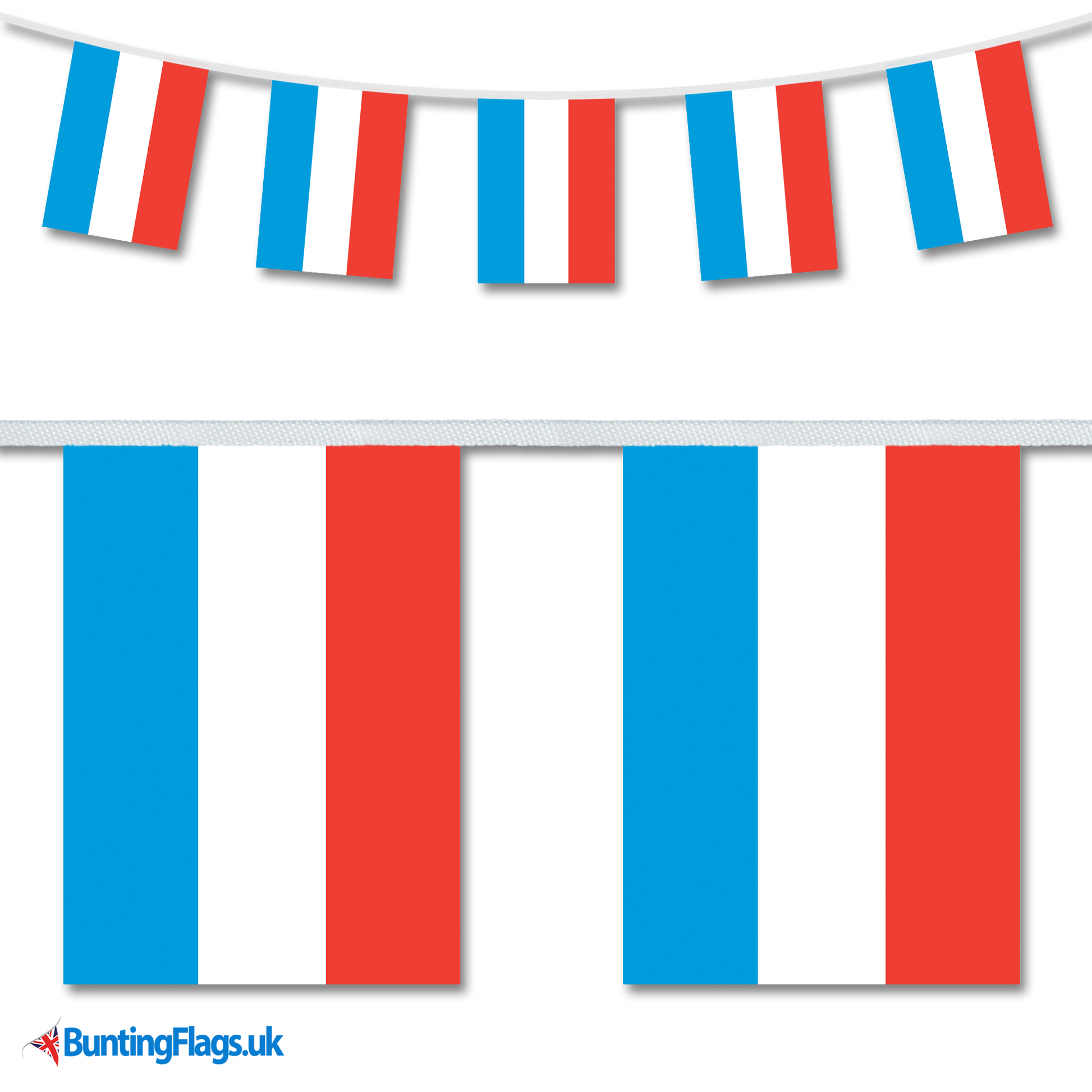 Luxembourg country flag bunting image, with the bunting hanging in a length, plus a close-up view showcasing the flag's colourful design.