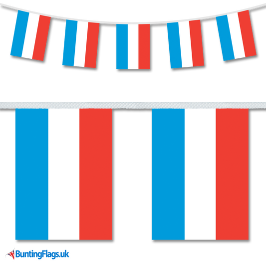 Luxembourg country flag bunting image, with the bunting hanging in a length, plus a close-up view showcasing the flag's colourful design.