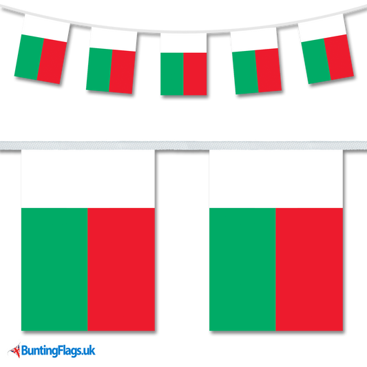 Madagascar country flag bunting image, with the bunting hanging in a length, plus a close-up view showcasing the flag's colourful design.