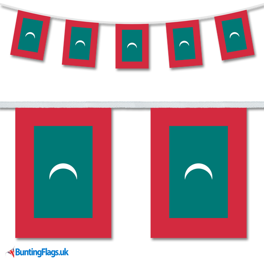 Maldives country flag bunting image, with the bunting hanging in a length, plus a close-up view showcasing the flag's colourful design.