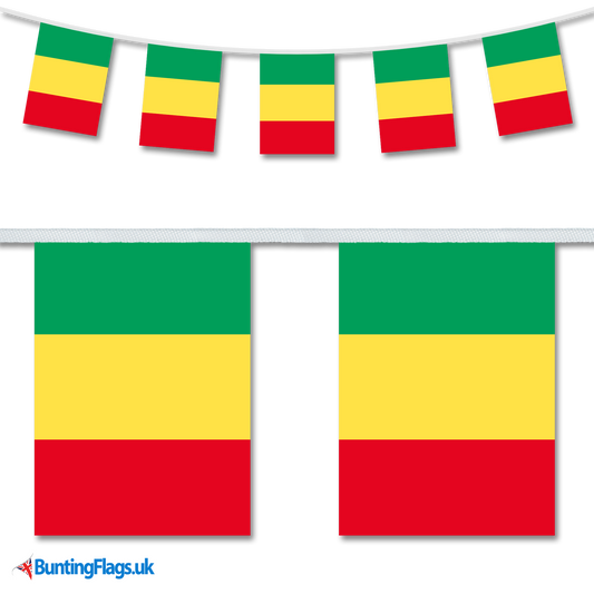 Mali country flag bunting image, with the bunting hanging in a length, plus a close-up view showcasing the flag's colourful design.