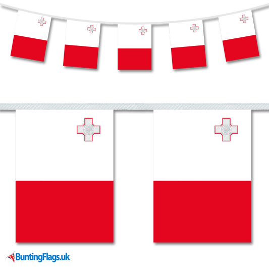 Malta country flag bunting image, with the bunting hanging in a length, plus a close-up view showcasing the flag's colourful design.
