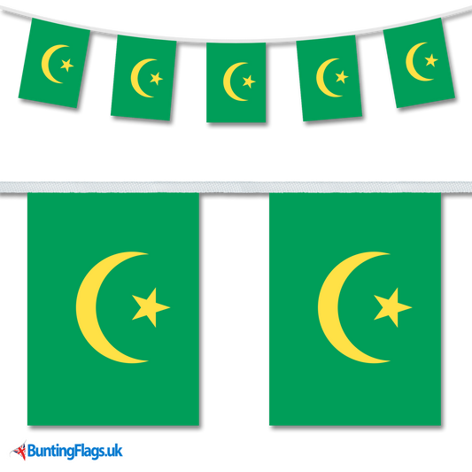 Mauritania country flag bunting image, with the bunting hanging in a length, plus a close-up view showcasing the flag's colorful design.
