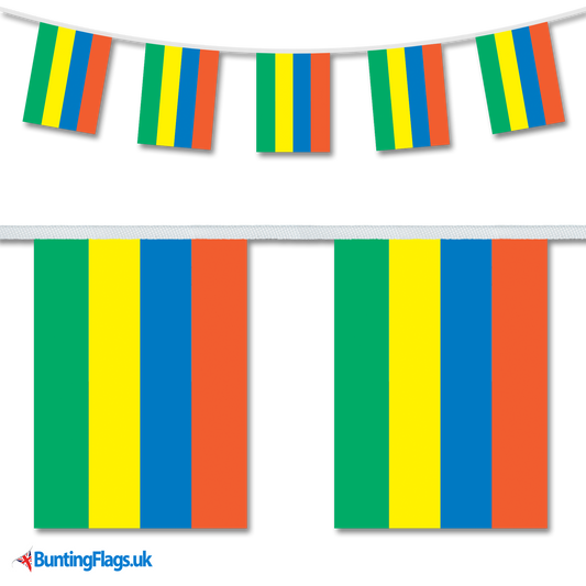 Mauritius country flag bunting image, with the bunting hanging in a length, plus a close-up view showcasing the flag's colorful design.