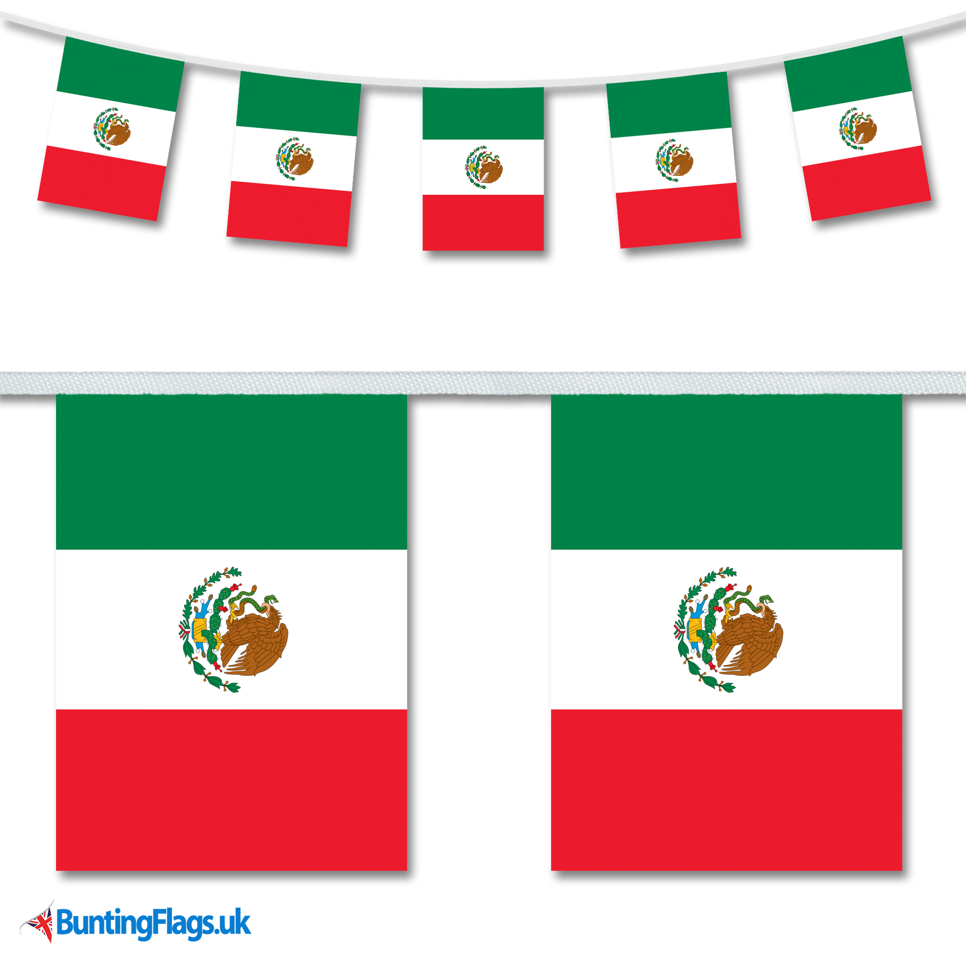 Mexico country flag bunting image, with the bunting hanging in a length, plus a close-up view showcasing the flag's colorful design.