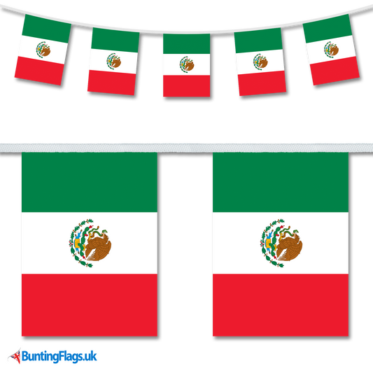 Mexico country flag bunting image, with the bunting hanging in a length, plus a close-up view showcasing the flag's colorful design.