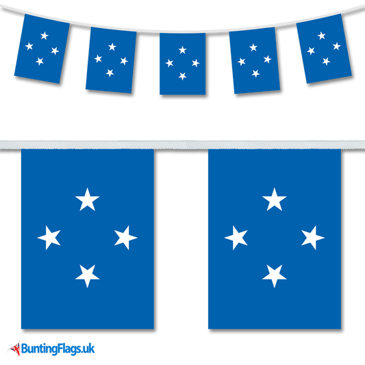 Micronesia country flag bunting image, with the bunting hanging in a length, plus a close-up view showcasing the flag's colorful design.