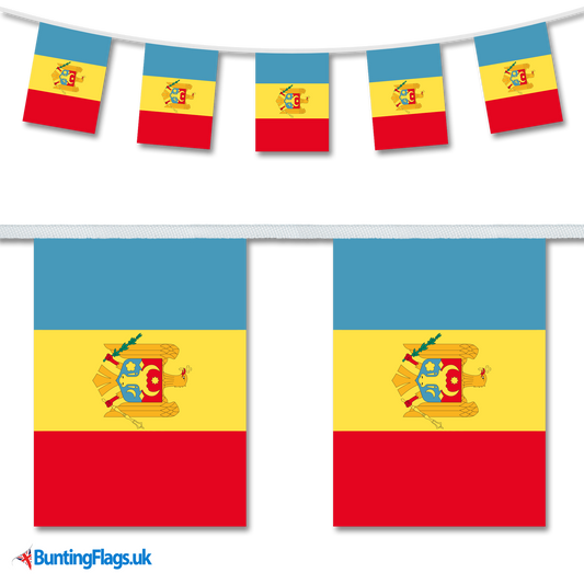 Moldova country flag bunting image, with the bunting hanging in a length, plus a close-up view showcasing the flag's colorful design.