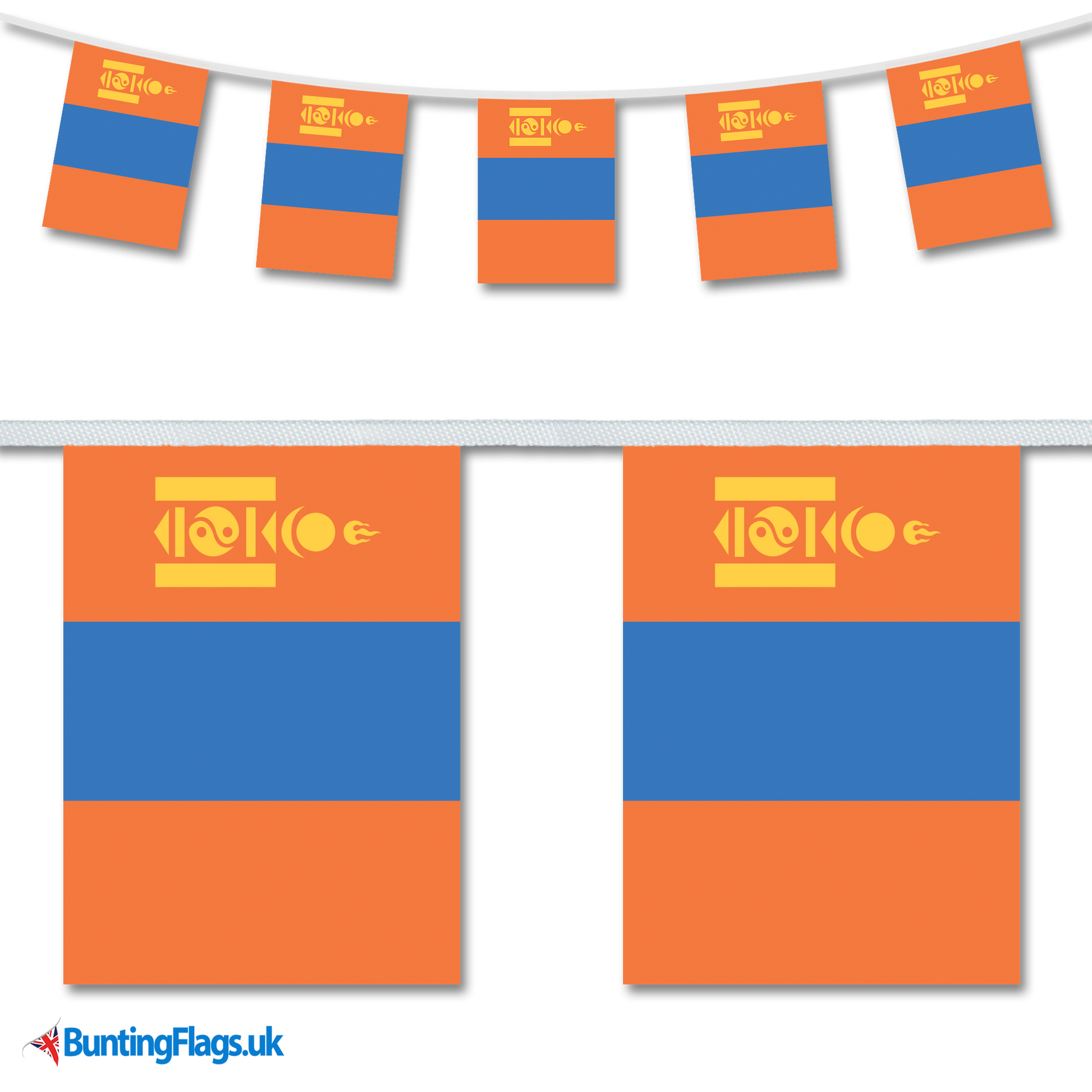 Mongolia country flag bunting image, with the bunting hanging in a length, plus a close-up view showcasing the flag's colorful design.
