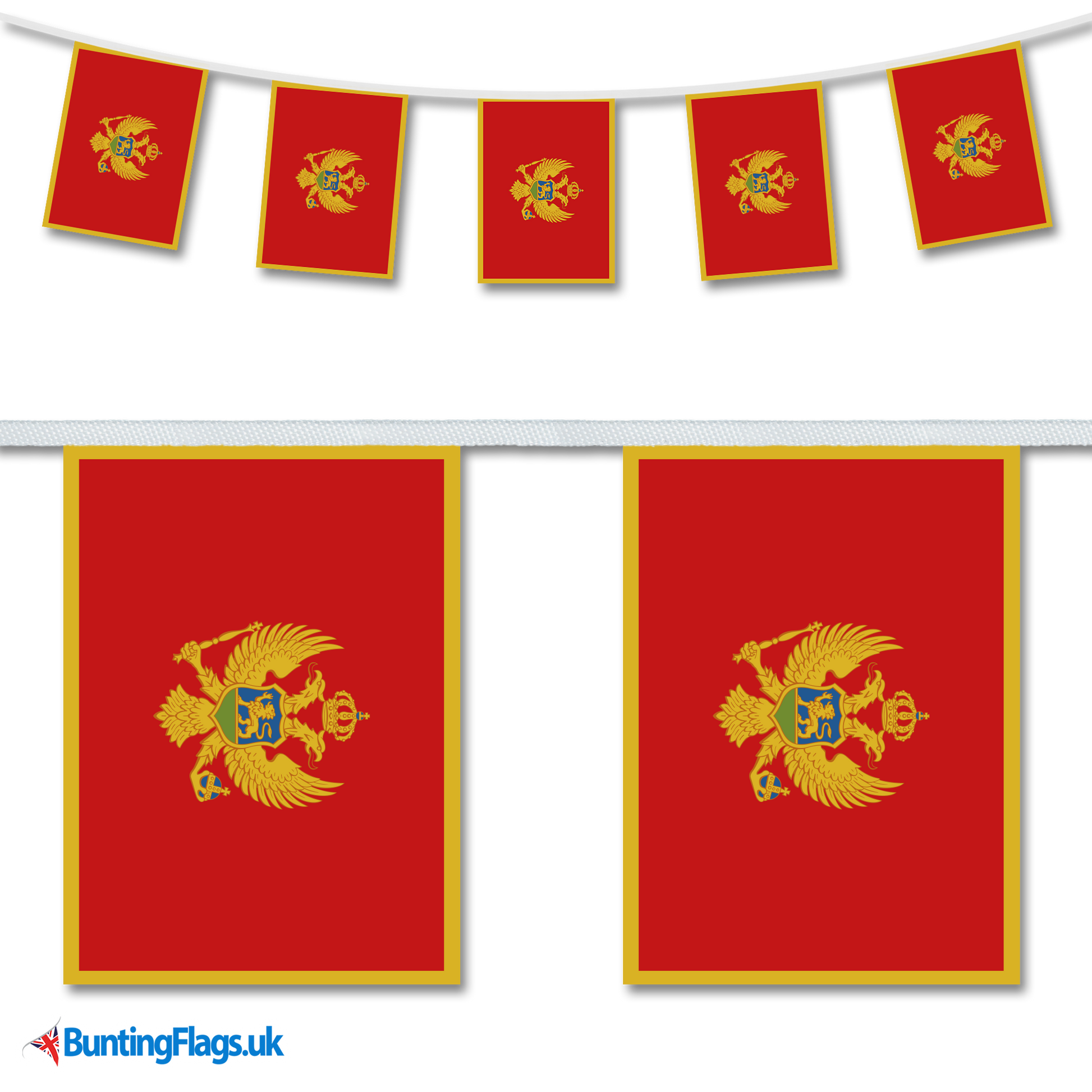 Montenegro country flag bunting image, with the bunting hanging in a length, plus a close-up view showcasing the flag's colorful design.