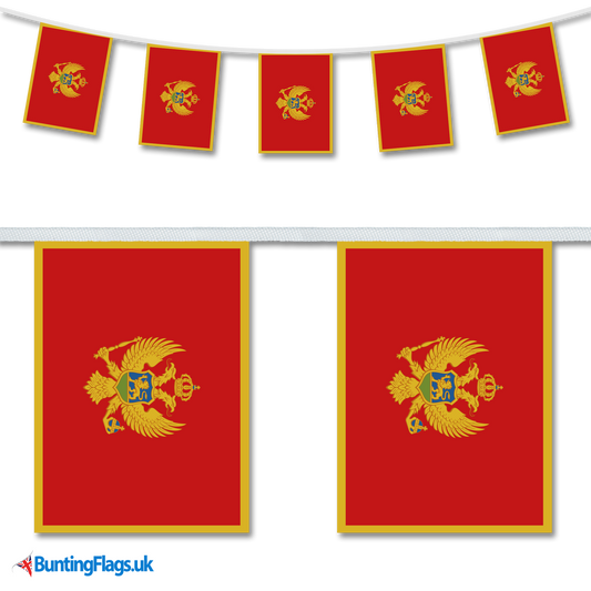 Montenegro country flag bunting image, with the bunting hanging in a length, plus a close-up view showcasing the flag's colorful design.