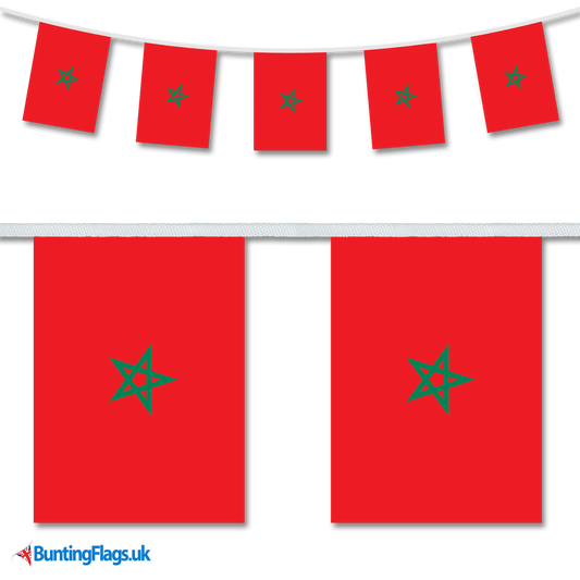 Morocco country flag bunting image, with the bunting hanging in a length, plus a close-up view showcasing the flag's colorful design.