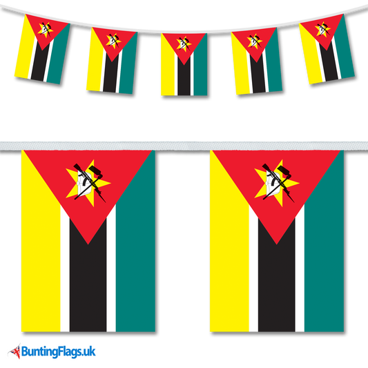 Mozambique country flag bunting image, with the bunting hanging in a length, plus a close-up view showcasing the flag's colorful design.