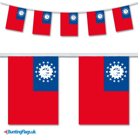 Myanmar country flag bunting image, with the bunting hanging in a length, plus a close-up view showcasing the flag's colorful design.