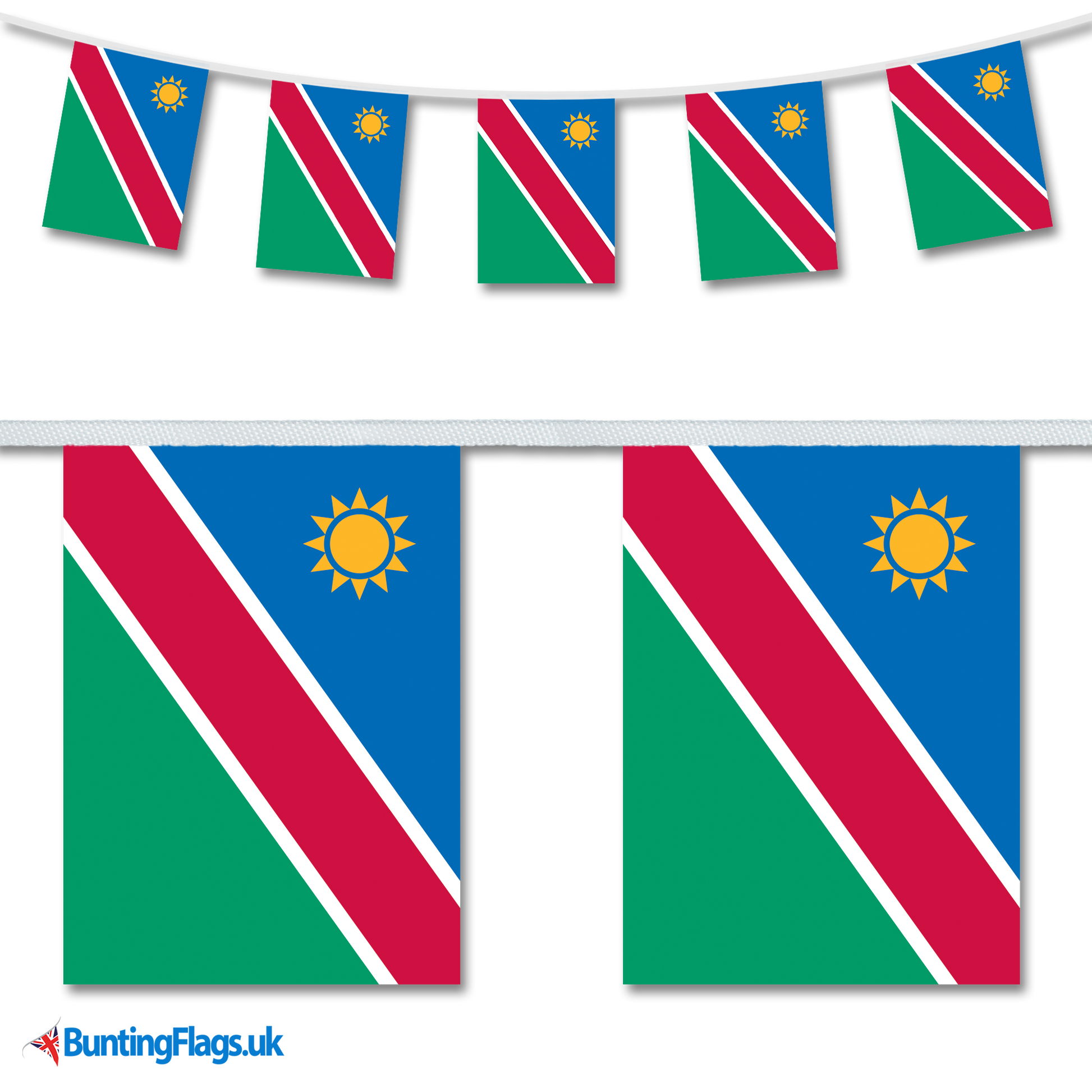 Namibia country flag bunting image, with the bunting hanging in a length, plus a close-up view showcasing the flag's colorful design.
