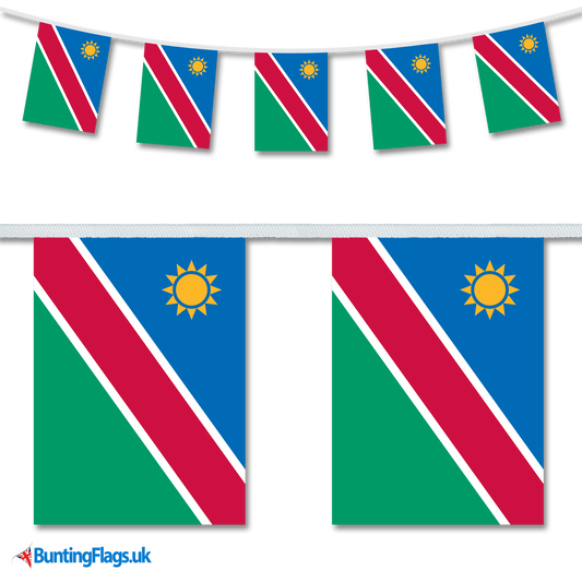 Namibia country flag bunting image, with the bunting hanging in a length, plus a close-up view showcasing the flag's colorful design.