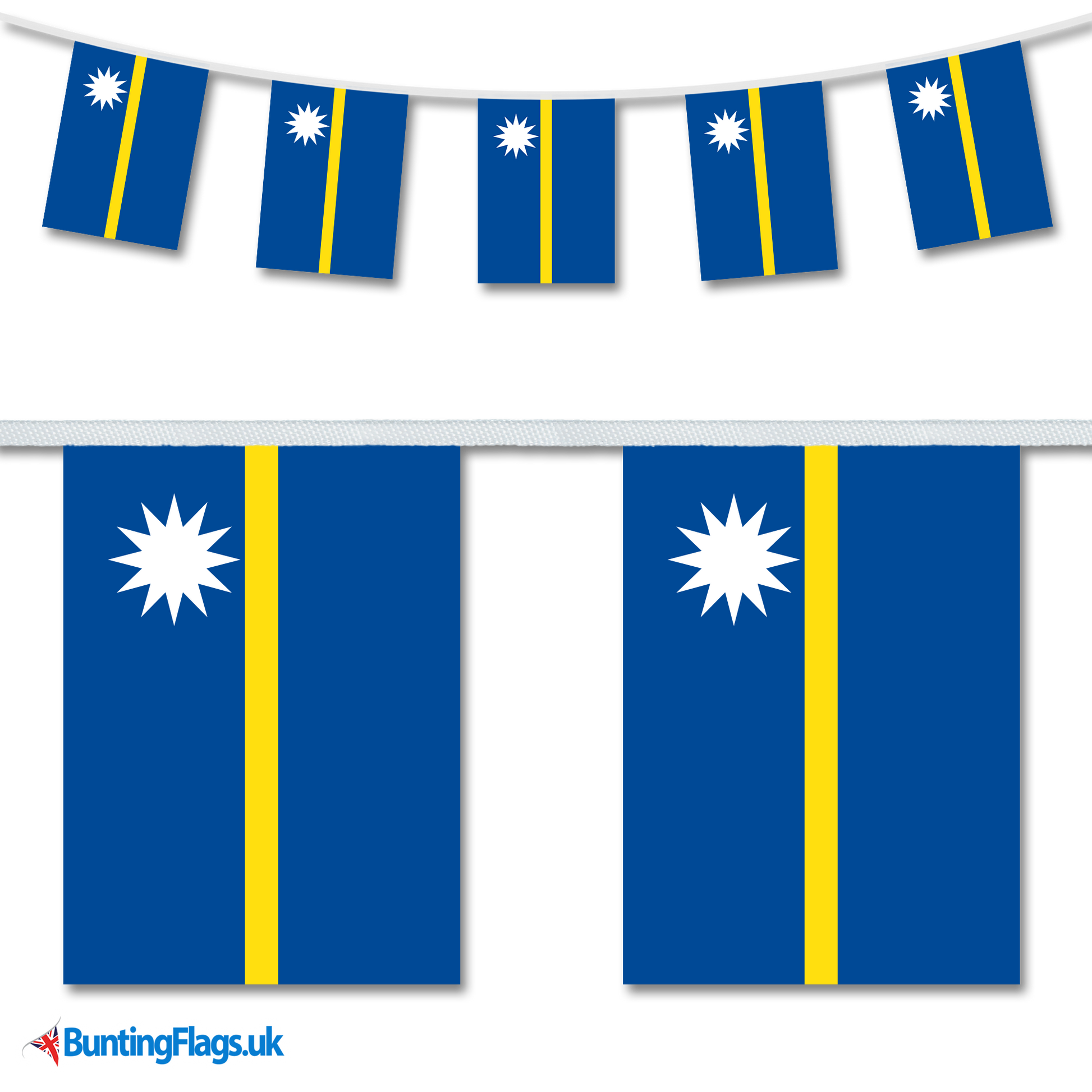 Nauru country flag bunting image, with the bunting hanging in a length, plus a close-up view showcasing the flag's colorful design.