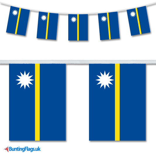 Nauru country flag bunting image, with the bunting hanging in a length, plus a close-up view showcasing the flag's colorful design.