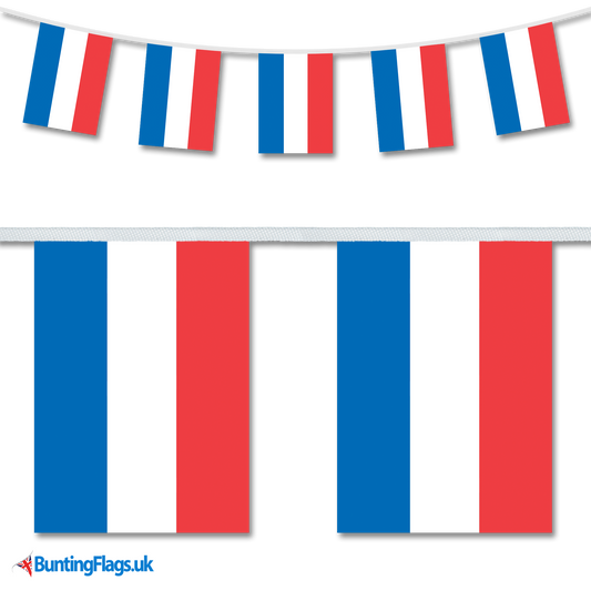 Netherlands country flag bunting image, with the bunting hanging in a length, plus a close-up view showcasing the flag's colorful design.