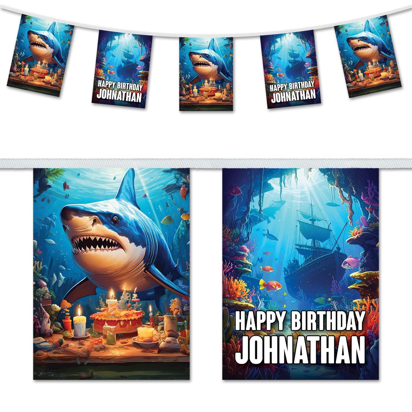 Shark and shipwreck themed personalised birthday bunting