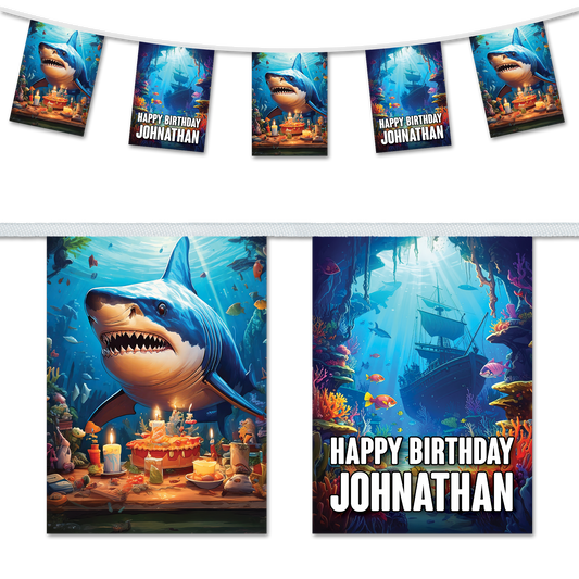 Shark and shipwreck themed personalised birthday bunting
