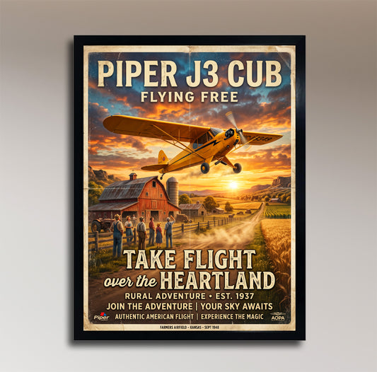 Piper J3 Cub – Flying Free Over the Heartland – Vintage Aviation Poster