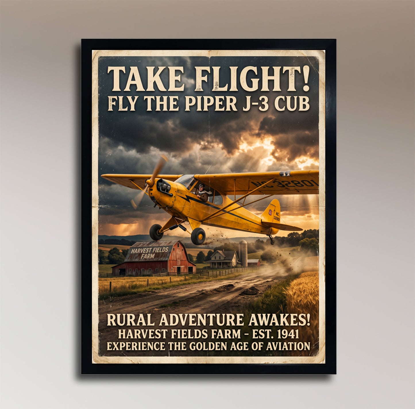 Piper J3 Cub – Take Flight! – Vintage Aviation Poster
