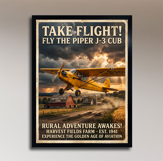 Piper J3 Cub – Take Flight! – Vintage Aviation Poster