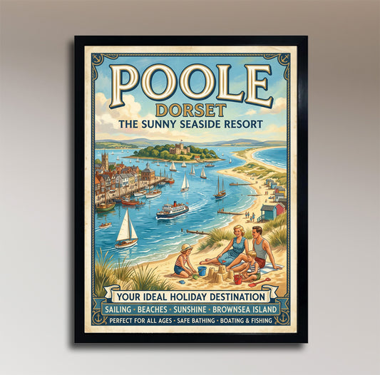 Title Suggestion: "Poole – Dorset – The Sunny Seaside Resort – Vintage Travel Poster