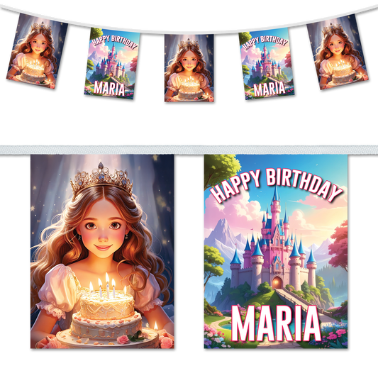 Birthday bunting with princess theme featuring a castle and birthday cake, personalised with 'Happy Birthday your name'.