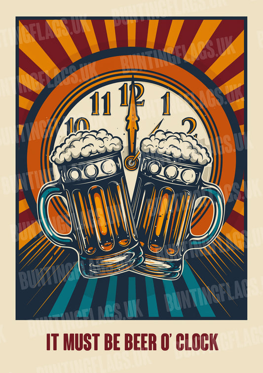 Retro feel beer o clock wall art poster ideal for man caves, garages, sheds, living rooms and mini bars