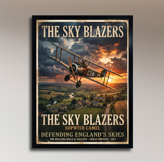 Sopwith Camel – The Sky Blazers – Defender of the Skies – Vintage WWI Poster