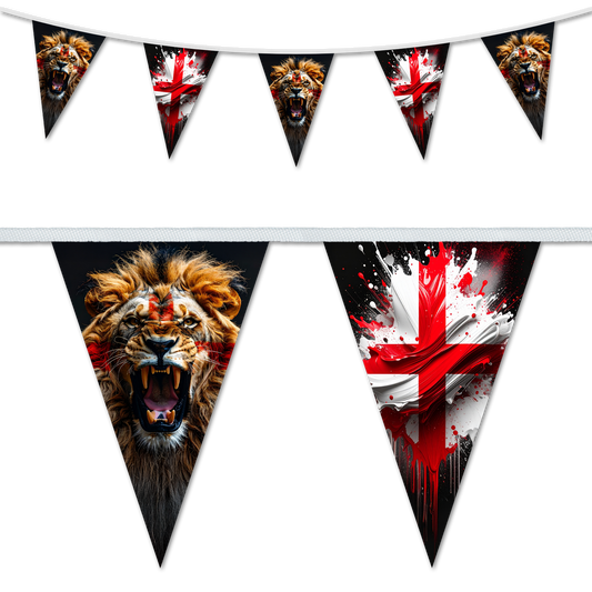 Patriotic bunting featuring a St Georges Cross lion and painted England flag