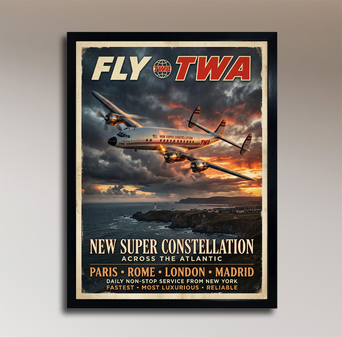 Fly TWA Super Constellation – Across the Atlantic – Vintage Travel Poster