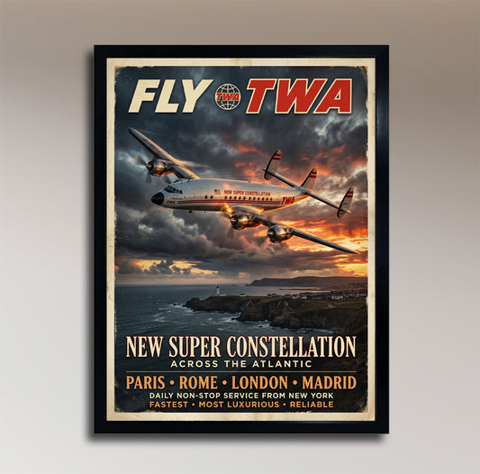 Fly TWA Super Constellation – Across the Atlantic – Vintage Travel Poster