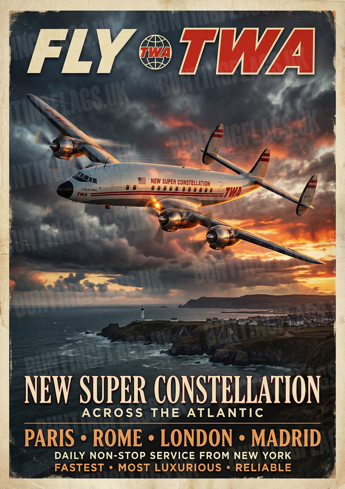 Fly TWA Super Constellation – Across the Atlantic – Vintage Travel Poster