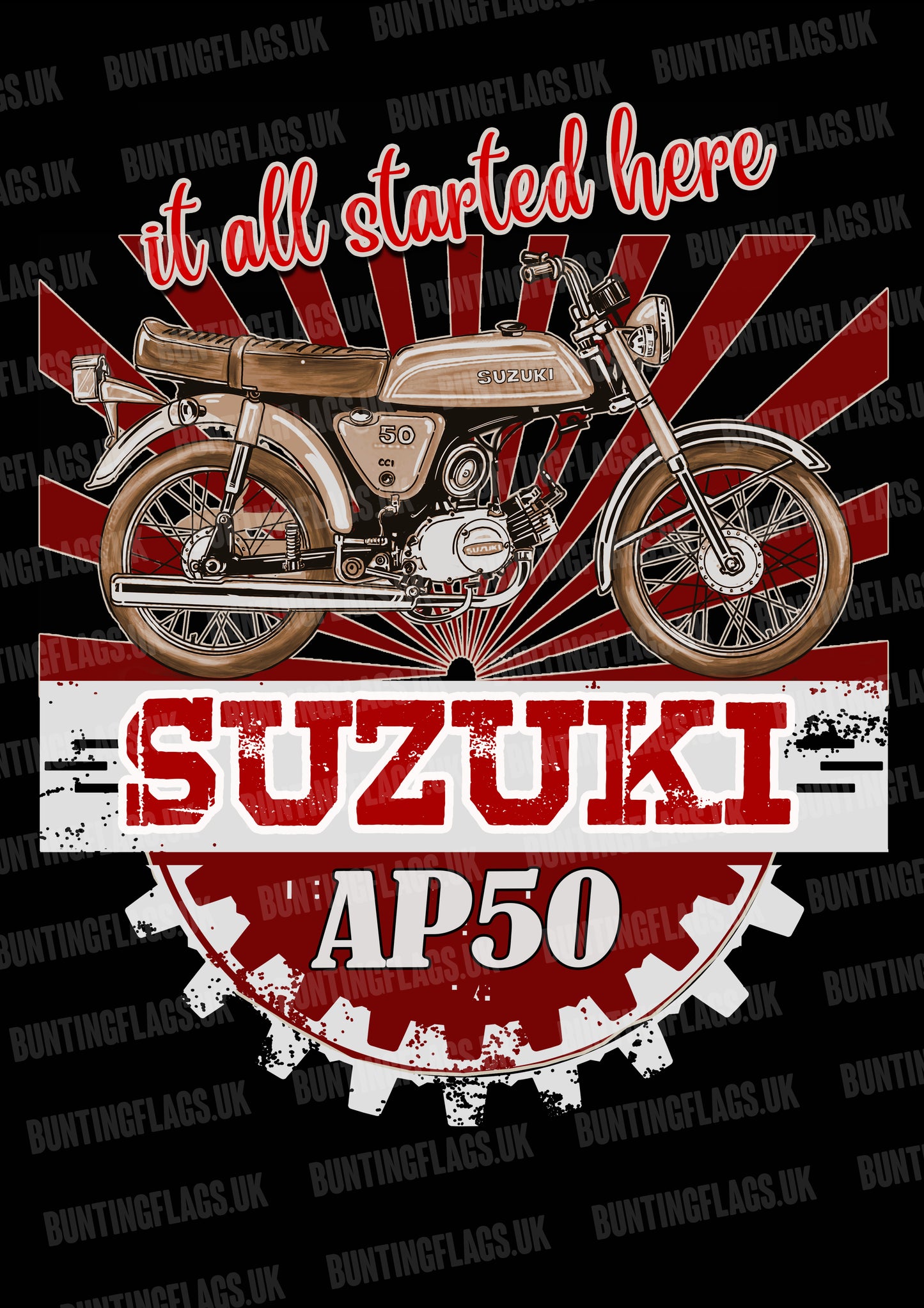 Suzuki AP50 motorcycle poster with red starburst design and 'it all started here' text.